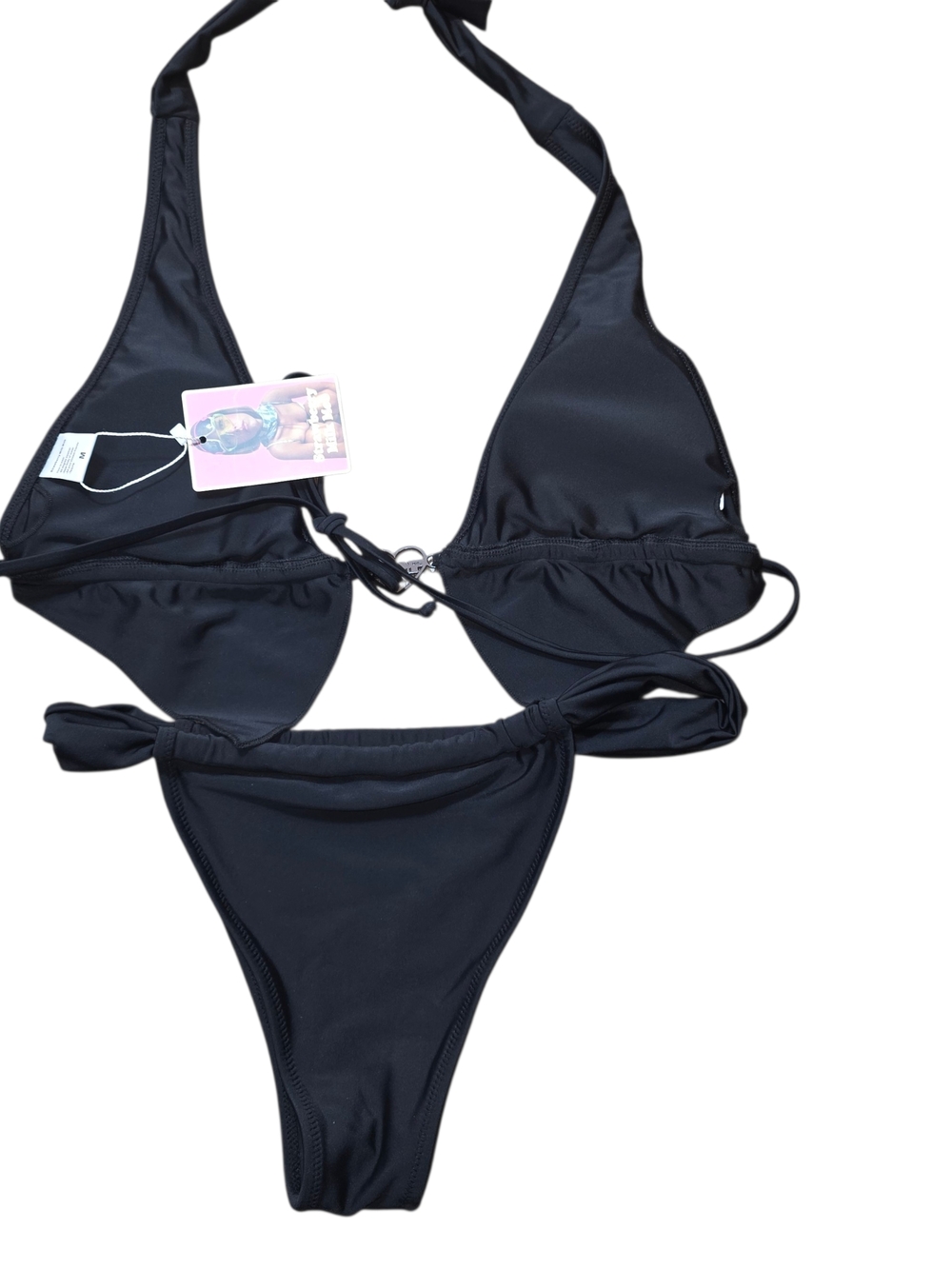 Strawberry Milk Mob Black Bikini Set M Y2K Triangle Tie Swim Minimal Chic - Picture 3 of 10